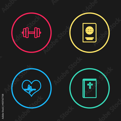 Set line Heart rate, Holy bible book, Passport and Dumbbell icon. Vector
