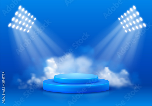 3D Scene with display podium. Template for products presentation, promotion or award ceremony. Realistic circular pedestal illuminated by spotlights on blue background with smoke. Vector illustration