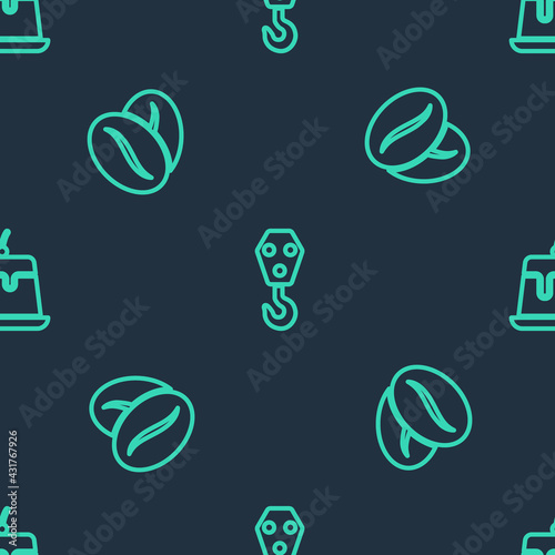 Set line Industrial hook, Coffee beans and Pudding custard on seamless pattern. Vector