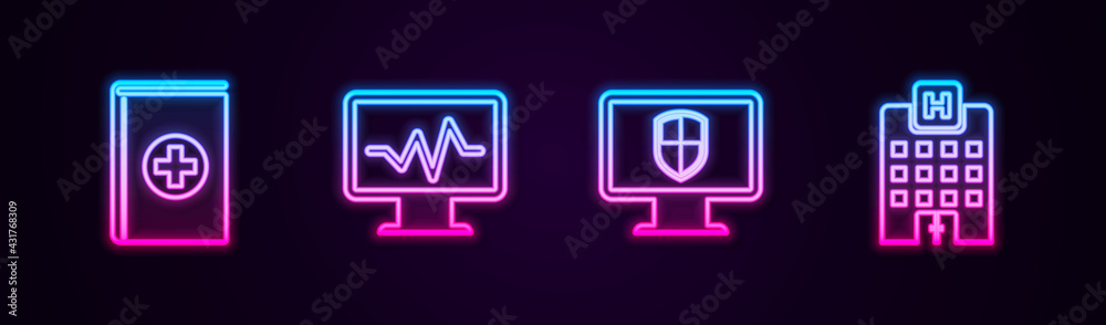 Set line Medical book, Monitor with cardiogram, and shield and hospital building. Glowing neon icon. Vector