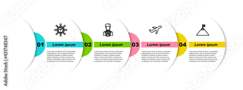 Set line Clock and gear, Scientist test tube, Plane and Mountains flag. Business infographic template. Vector