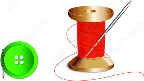 Spool of thread with a needle and a button 