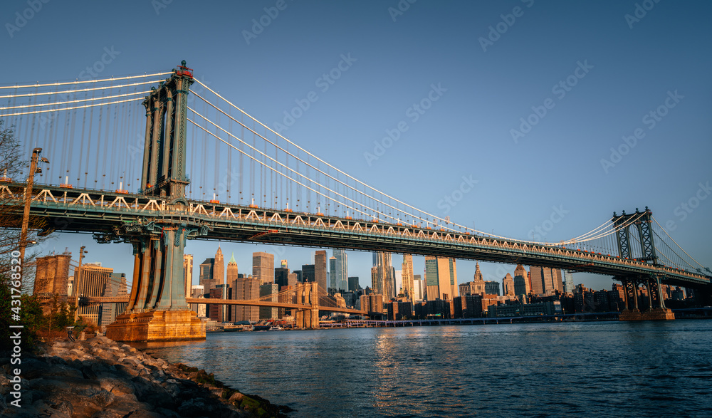 bridge Manhattan New York panorama sky color blue sunrise horizon Brooklyn city buildings beautiful 