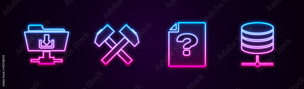 Set line FTP folder download, Two crossed hammers, Unknown document and Server, Data, Web Hosting. Glowing neon icon. Vector Set line FTP folder download, Two crossed hammers, Unknown document and Server, Data, Web Hosting. Glowing neon icon. Vector