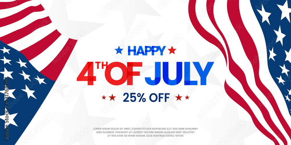 Happy 4th of July sale, discount, offer lettering colorful modern design on the USA, the United States national waving flag background, template. Vector illustration.
Happy 4th of July sale, discount, offer lettering colorful modern design on the USA, the United States national waving flag background, template. Vector illustration.