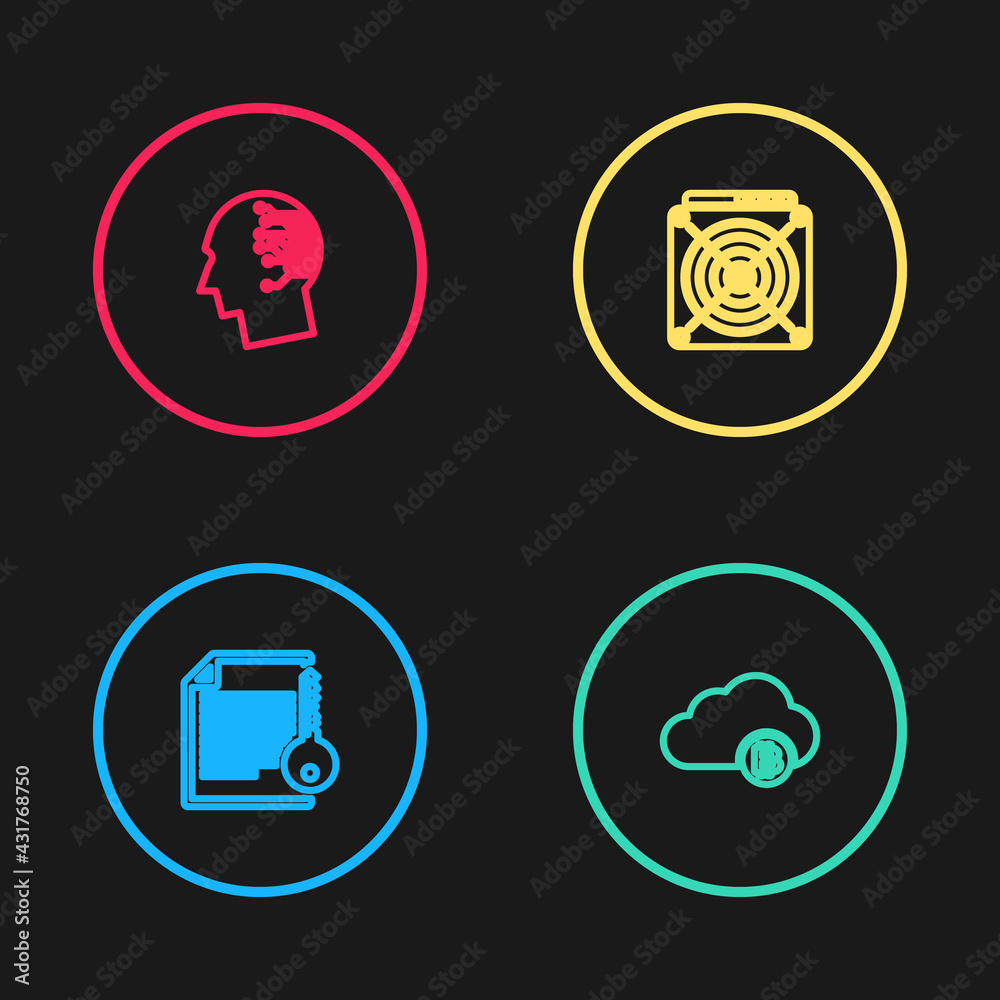 Set line Smart contract, Cryptocurrency cloud mining, ASIC Miner and Brain as digital circuit board icon. Vector Set line Smart contract, Cryptocurrency cloud mining, ASIC Miner and Brain as digital circuit board icon. Vector