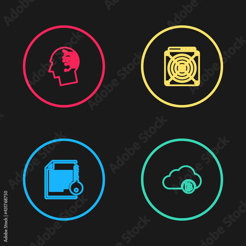 Set line Smart contract, Cryptocurrency cloud mining, ASIC Miner and Brain as digital circuit board icon. Vector