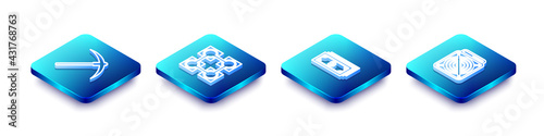 Set Isometric line Pickaxe, Blockchain technology, Cryptocurrency bitcoin and ASIC Miner icon. Vector