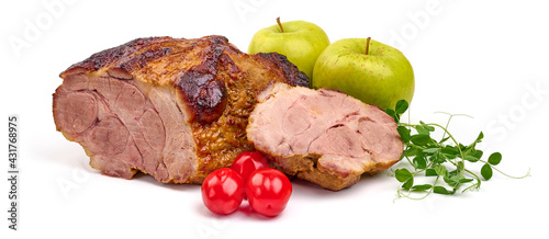 Roasted pork meat, baked spicy meat, isolated on white background. High resolution image