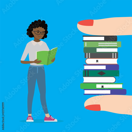 Female fingers holding pile of books. Happy african american schoolgirl reading textbook. Education, learning background. Cartoon smart teenager girl full length.