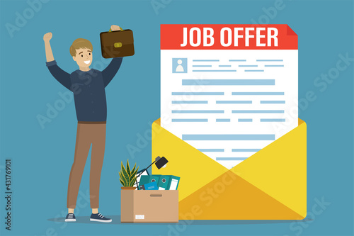 Job offer document in huge yellow envelope. Happy caucasian male employee holds briefcase. New staff, box with office things.
