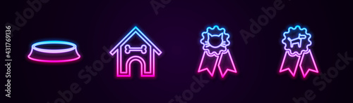 Set line Pet food bowl, Dog house and bone, Cat award symbol and . Glowing neon icon. Vector