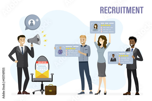Business chair, job offer document in yellow envelope. Recruitment, interview process. HR specialist scream in megaphone. Company boss hiring staff.