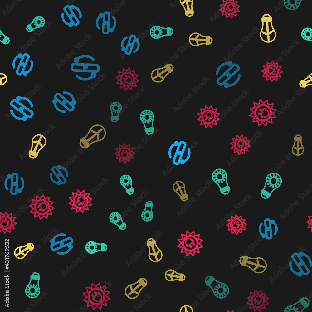 Set line Chain link line, Solar energy panel, Light bulb with wind turbine and on seamless pattern. Vector