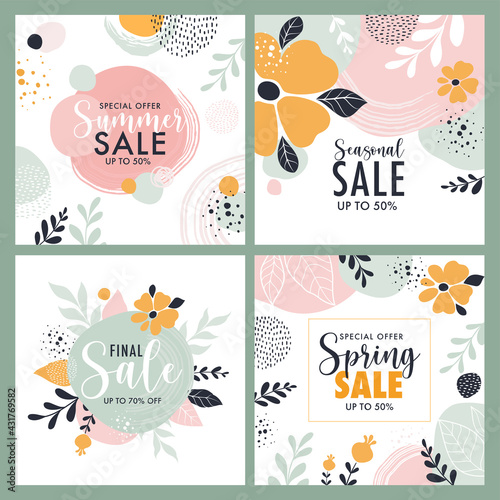 Summer Sale banner design templates. Vector illustration of four modern abstract backgrounds with flowers, leaves and brush strokes on white background
