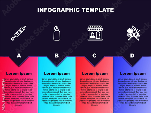 Set line Grilled shish kebab, Mustard bottle, Barbecue shopping building and Crossed fork and spatula. Business infographic template. Vector