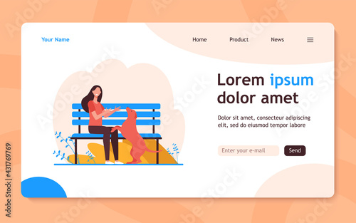 Woman walking dog in park. Girl playing with her pet outside. Flat vector illustration. Domestic animal, dog training, leisure concept for banner, website design or landing web page