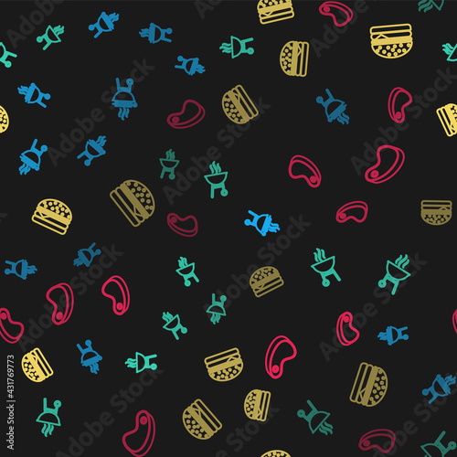 Set line Barbecue grilled shish kebab, , Burger and Steak meat on seamless pattern. Vector