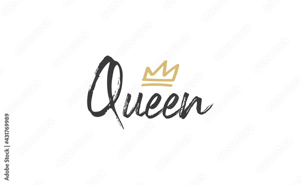 Queen word lettering with gold doodle crown. Vector illustration, calligraphic style text. Queen word lettering with gold doodle crown. Vector illustration, calligraphic style text.