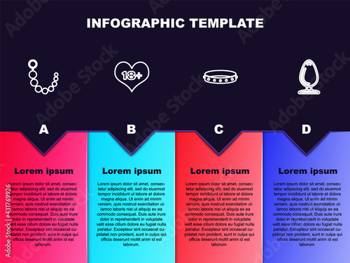 Set line Anal beads, 18 plus content heart, Leather fetish collar and plug. Business infographic template. Vector