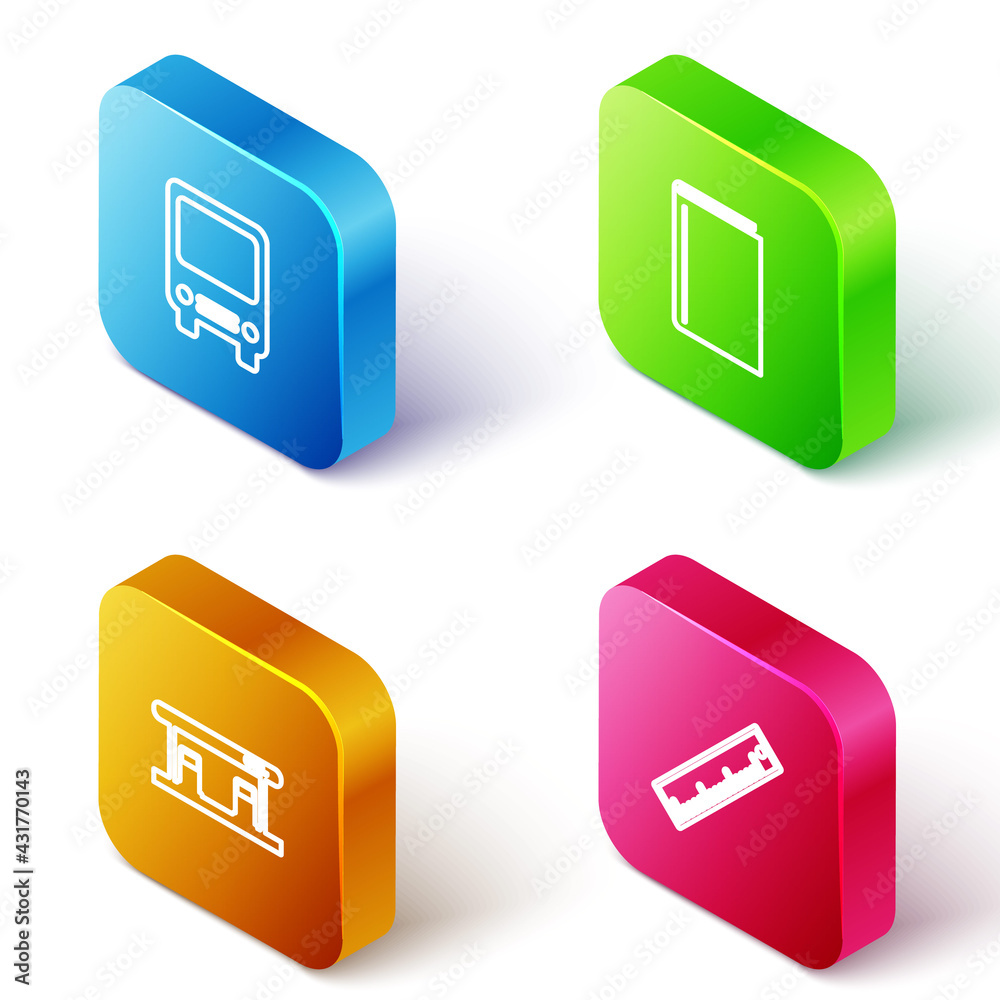 Set Isometric line Bus, Book, Gas filling station and Ruler icon. Vector Set Isometric line Bus, Book, Gas filling station and Ruler icon. Vector