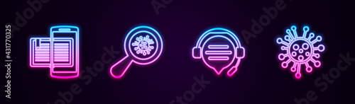 Set line Smartphone and book, Microorganisms under magnifier, Headphones with speech bubble chat and Bacteria. Glowing neon icon. Vector