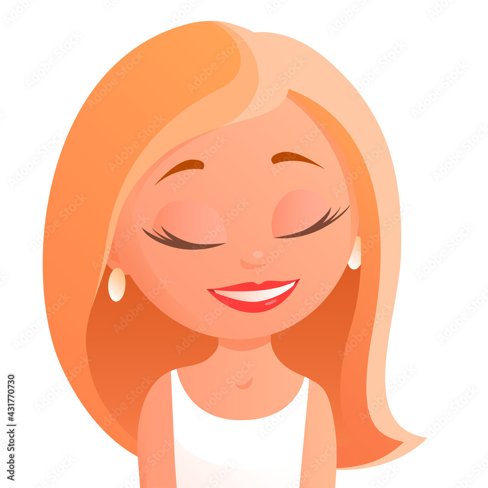 Young pretty girl with a happy smile on her face. Dreams with closed eyes. Cartoon illustration on white background Young pretty girl with a happy smile on her face. Dreams with closed eyes. Cartoon illustration on white background