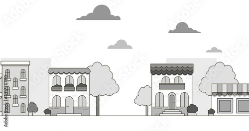 4K Stock video, Looped 2d animation with Line contours, minimalistic town landscape, white background. Urban seamless scenery, Seamless motion animated footage, flat city street with houses and trees