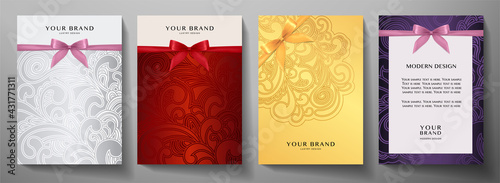 Holiday cover, frame design set. Luxury silver, gold, red background with ribbon (bow). Elegant vector collection template for invitation (invite vip card), greeting or gift card, award