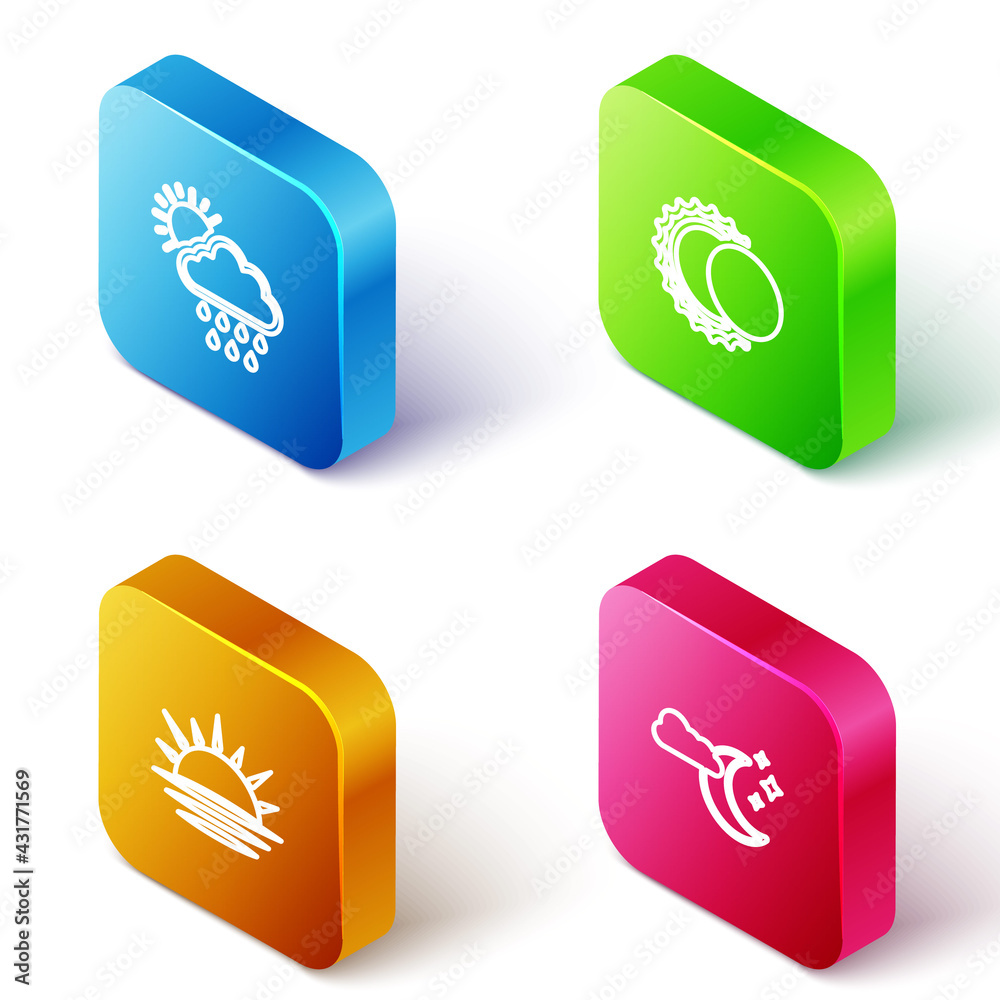 Set Isometric line Cloud with rain and sun, Eclipse of the, Sunset and moon stars icon. Vector Set Isometric line Cloud with rain and sun, Eclipse of the, Sunset and moon stars icon. Vector