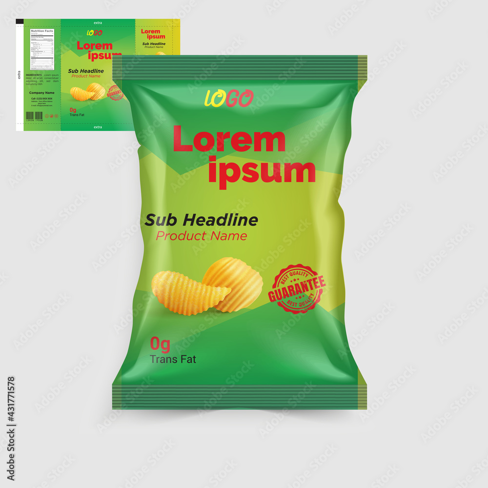Potato chips package design, foil bags with the original file in 3d