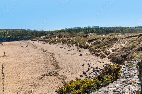 A view over Barafundle beach and sand dunes on the Pembrokeshire coast, South Wales in springtime