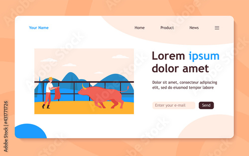 Toreador with red cape training bull. Matador, picador, bullfighting. Flat vector illustration. Corrida, Spain, traditional performers concept for banner, website design or landing web page