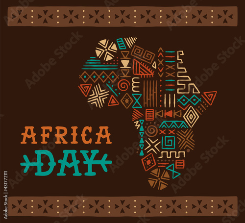 Africa Day tribal art hand drawn map cartoon card