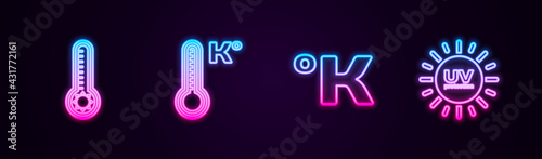 Set line Meteorology thermometer, , Kelvin and UV protection. Glowing neon icon. Vector