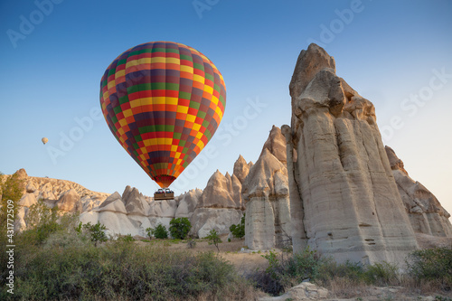 Flying hot air balloon in Turkey Cappadocia, Love Valley