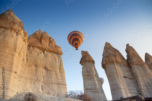 Flying hot air balloon in Turkey Cappadocia, Love Valley