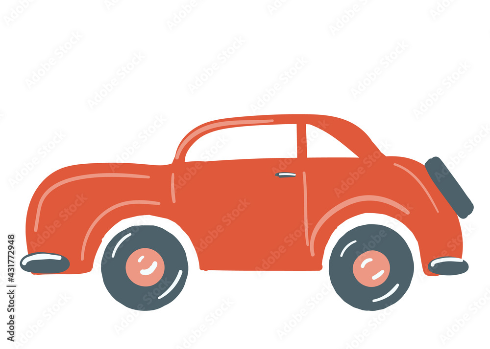 passenger car of red color. isolated. hand drawn cartoon style, vector illustration