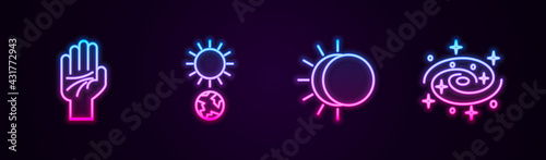 Set line Palmistry of the hand, Solstice, Eclipse sun and Milky way spiral galaxy. Glowing neon icon. Vector