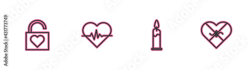 Set line Lock and heart, Burning candle, Heart rate and Candy shaped box icon. Vector