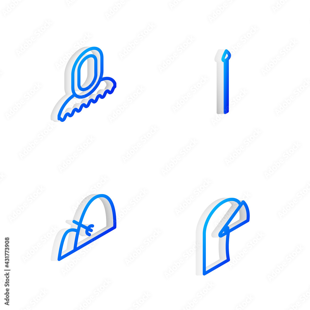 Set Isometric line Medieval spear, hood, Bale of hay and rake and iron helmet icon. Vector Set Isometric line Medieval spear, hood, Bale of hay and rake and iron helmet icon. Vector