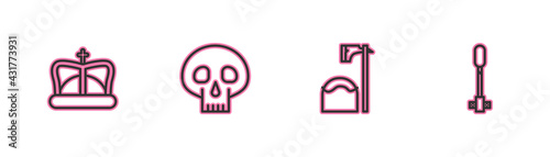 Set line King crown, Executioner axe tree block, Skull and Torch flame icon. Vector