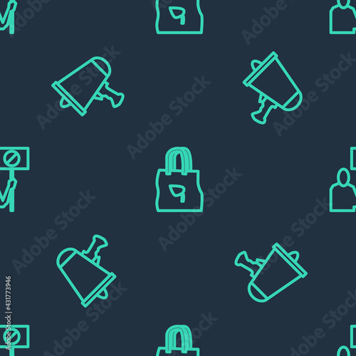 Set line Shopping bag with recycle, Spread the word, megaphone and Nature saving protest on seamless pattern. Vector