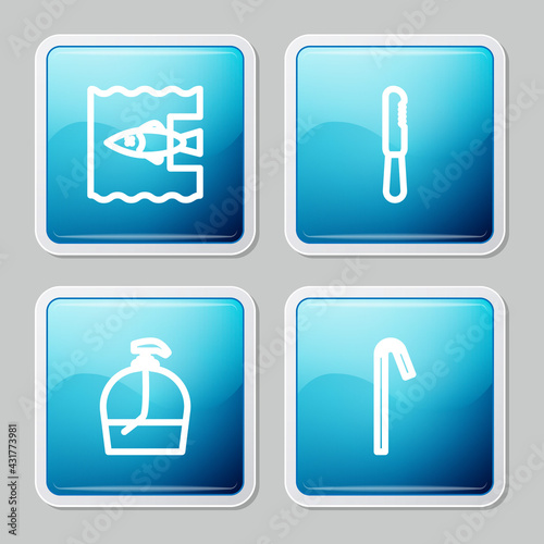 Set line Stop ocean plastic pollution  Disposable knife  Bottle of liquid soap and Drinking straw icon. Vector