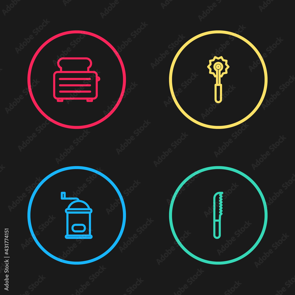 Set line Manual coffee grinder, Bread knife, Pizza and Toaster with toasts icon. Vector Set line Manual coffee grinder, Bread knife, Pizza and Toaster with toasts icon. Vector