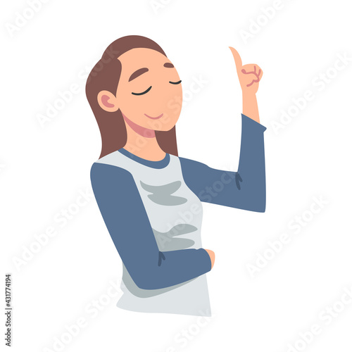 Confident Girl Pointing Up with Her Finger, Self Pride, Positive Self-Acceptance, Esteem Concept Cartoon Vector Illustration