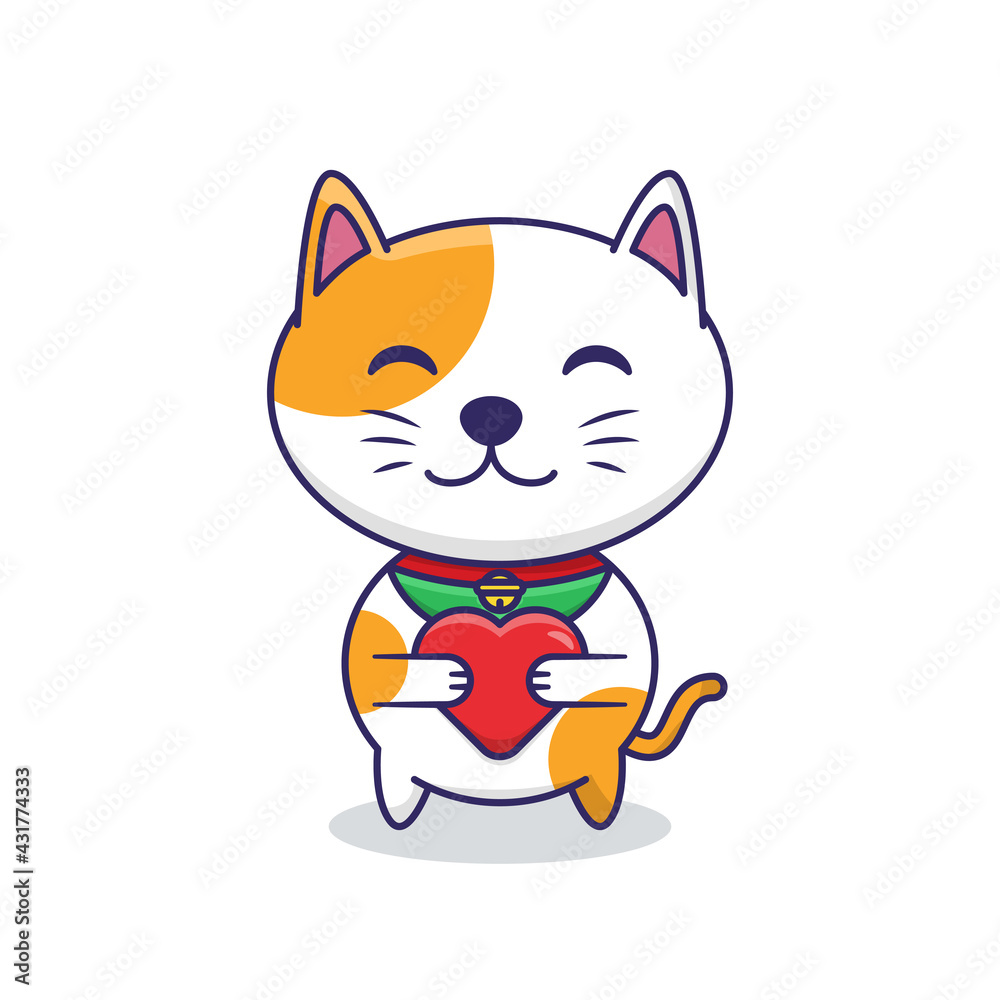 Cute Cat hugging love heart, Animal Wildlife Icon Concept Isolated Premium Vector. Flat Cartoon Style Cute Cat hugging love heart, Animal Wildlife Icon Concept Isolated Premium Vector. Flat Cartoon Style