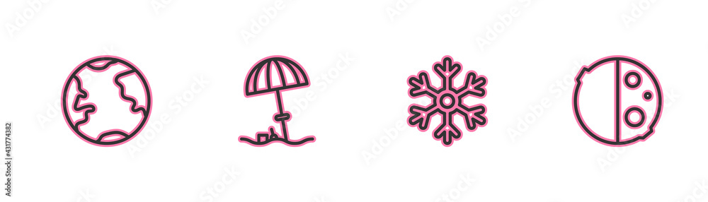 Set line Earth globe, Snowflake, Sun protective umbrella for beach and Eclipse of the sun icon. Vector