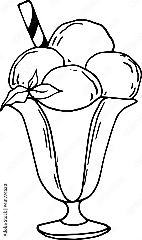Set of hand drawn ice cream. ice cream cone, waffle, waffle cup, popsicle, ice cream balls dessert. illustration in doodle style black and white isolated on white background Set of hand drawn ice cream. ice cream cone, waffle, waffle cup, popsicle, ice cream balls dessert. illustration in doodle style black and white isolated on white background