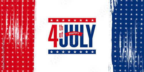 USA 4th of July modern colorful lettering design with brush stroke grunge, vintage background in United States national flag colors blue and red.
